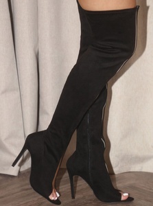 Bottes longues d'été pour femmes, extensibles, en PVC et daim, patchwork, au-dessus du genou, à bout ouvert, talons hauts - Product Image 6