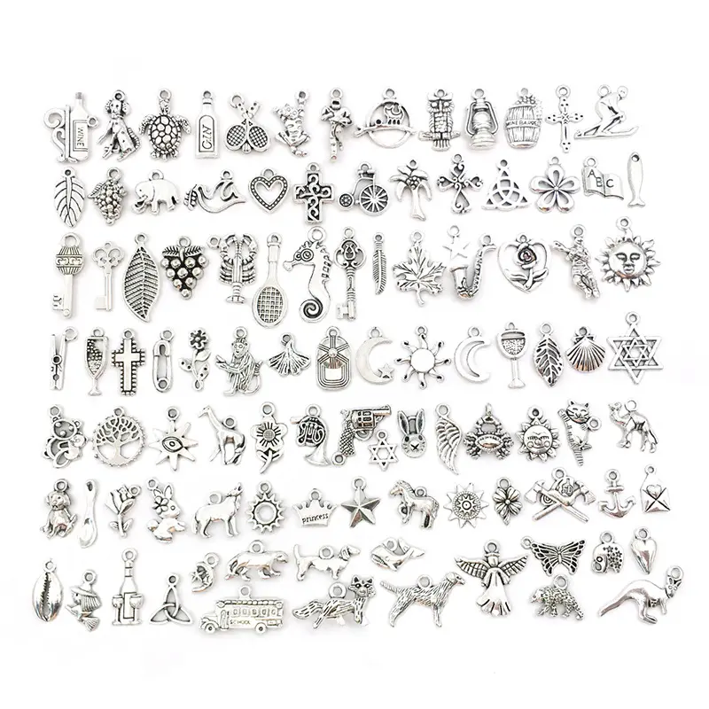 100pcs Mixed Styles animal Leaf Heart Key Crown Charms Pendants DIY Jewelry for Necklace Bracelet Making Accessaries