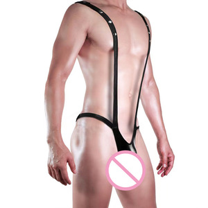 Sous-vêtements sexy pour homme, string à bretelles en similicuir verni noir, taille basse - Product Image 2