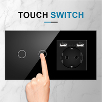 Vente en gros 157*86 2 Gang Touch Switch et prise avec double USB avec verre trempé joint EU Wall Socket Series Combinaison