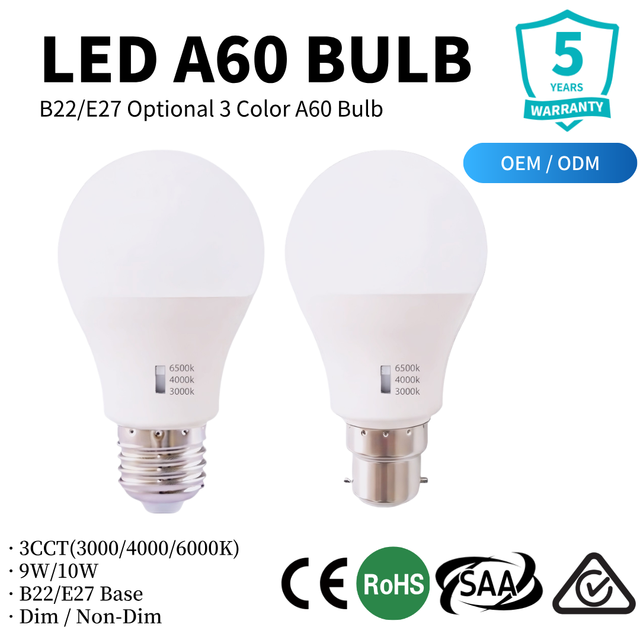 Dimmable LED A60 3CCT Light Bulb 90lm/W High Brightness CRI80+ Plastic Clad Aluminum CE RoHS SAA Certified Factory