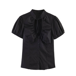 <span class=keywords><strong>Camicia</strong></span> Elegante da <span class=keywords><strong>Donna</strong></span> con Fiocco in Popeline, Manica Corta, Vestibilità <span class=keywords><strong>Slim</strong></span>, Colletto Rovesciato, Blusa Casual Personalizzabile OEM con Bottoni - Product Image 2
