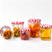 Penjualan Panas Stoples Kaca Oktagonal Dengan Tutup Logam Merah Bermotif Kotak-kotak Tahan Suhu Tinggi 50ml 100ml untuk Penyimpanan Saus Kacang Madu.