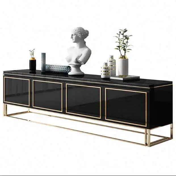 Modèle en métal noir Nouveau design Cadre en fer moderne Support en bois Meuble TV Console