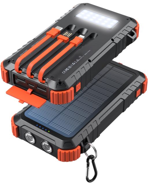 Portable Outdoor Camping Solar Power Bank 20000mah Dual USB Built-in Cables LED Flashlight Type-C Input Power Bank Solar Charger