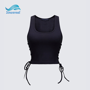 Débardeur court côtelé personnalisé avec cordon <span class=keywords><strong>de</strong></span> serrage latéral et fronces, col rond, sans manches, pour femme, idéal pour le fitness et le yoga en été - Product Image 2