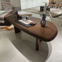 Bureau d'écriture en noyer nordique avec plateau ovale et deux pieds cylindriques en bois, bureau de direction moderne pour la maison ou la salle d'étude