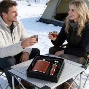 Gourde de hanche en gros avec logo personnalisé, compacte et portable, en acier inoxydable avec étui en cuir, coffret cadeau pour whisky - Product Image 3