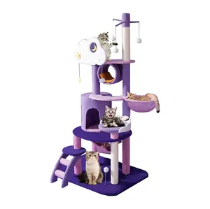 Suppliers Modern Cheap Purple Plush Cat Climbing Frame Cat Tree Tower Sisal Rope Activity Center Large Playing House