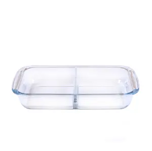 高硼硅玻璃耐热烤盘矩形带隔断钢化玻璃烤盘2.2L带手柄