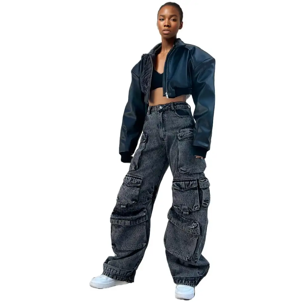 Pantalon Cargo gris fumé taille haute multi-poches pour femmes, nouvelle mode Sehe Fashion