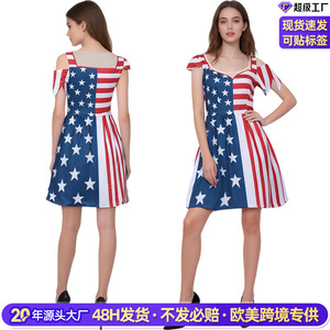 Robe midi à épaules dénudées avec imprimé drapeau américain, taille empire, coupe trapèze, en satin, robe de cocktail patriotique pour la fête de l'Indépendance - Product Image 2