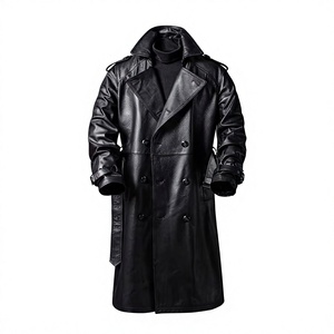 Manteau long en cuir noir pour homme, double boutonnage, col rabattu, style tendance, veste d'hiver - Product Image 1