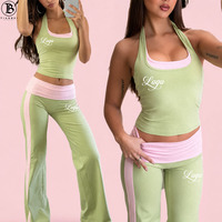 Ensemble 2 pièces pour femmes, haut halter personnalisé et pantalon droit, doux, extensible, avec blocs de couleur contrastés et superposés, pour l'été
