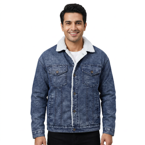 2026 European Size Men's High Street Fashion Slim <b>Denim</b> Jacket with Light Blue Black Wool Lining Winter Warm Coat Thick <b>Material</b> - Product Image 1