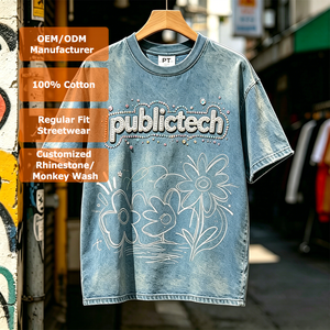 Customize Streetwear Vintage Rhinestone Unisex O-neck 100% Cotton Anti-Wrinkle Letters Monkey <b>Wash</b> Blue Oversized T-shirt Men - Product Image 1