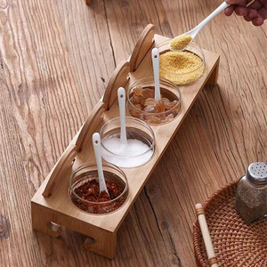 Wooden <b>Spice</b> Rack With Glass <b>Jars</b> And Lids For Kitchen Storage Seasoning Organizer With Handle - Product Image 4