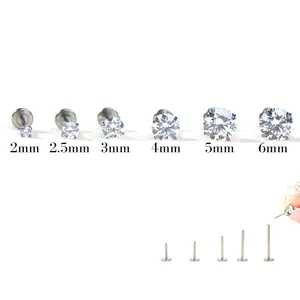 Wholesale Fashion Zircon Earrings Piercing Body Jewelry Push In Base Titanium Cubic Diamond Studs Earrings