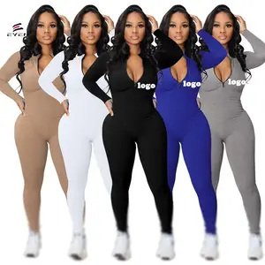 Conyson Hot Selling Custom Logo Fall Solid Long Sleeve Polyester Zipper Women Ladies Wear New Style One Piece Bodycon Jumpsuit