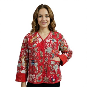 Red Quilted <b>Jacket</b> <b>Women</b> V-Neck Three Quarter Sleeve Floral Hand Embroidery Cotton <b>Spring</b> Outerwear gift for her - Product Image 1