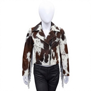 Genuine Cowhide <b>Leather</b> Winter Jacket <b>with</b> Fringes Western Style Brown and White <b>Fur</b> Biker <b>Coat</b> Handmade Women's <b>Fur</b> <b>Coat</b> - Product Image 1