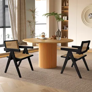 Kirkasa Modern Rattan Dining Chair With Arms Made Of Solid Wood For Dining Room Kitchen Black