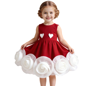 Abiti per Bambini Personalizzati su Misura, Vestiti con Applicazione Cuore <span class=keywords><strong>Rosso</strong></span> e Fiori 3D, Abbigliamento per Ragazze, <span class=keywords><strong>Abito</strong></span> da Compleanno all'Ingrosso - Product Image 1