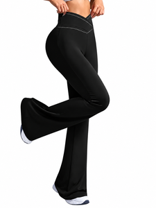 High Waist Flared Leg Yoga <b>Leggings</b> Solid Black Contrast <b>Stitch</b> Four-Way Stretch Full Length Elastic Waist - Product Image 1