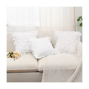 Queeneo French Style Square Cushion Cover White Floral Edge Lace Pillow Woven Vintage Pattern Flower Embroidery Pillow