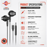Écouteurs intra-auriculaires filaires WISDOMUP EJ-57 TYPE-C avec microphone, étanches IPX-5, cordon de 1,2 m pour téléphone et jeux