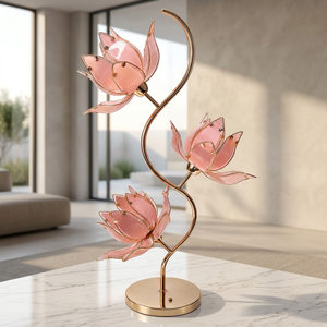 Lampe de table Lotus rose à 3 têtes, support plaqué or durable et pétales en verre véritable, lampe de chevet à douille E26 pour la maison et le bureau - Product Image 6