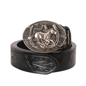 Ceinture en cuir pour homme style western cowboy avec boucle en fer à cheval rétro et motif floral gaufré, en PU noir - Product Image 1