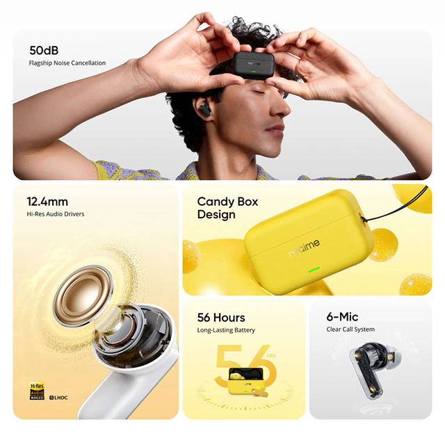 Realme Buds T500 Pro True Wireless Earbuds 12.4mm Drivers ANC BT 5.3 Touch Control LED In-Ear Yellow Candy Box Design IP55 LHDC