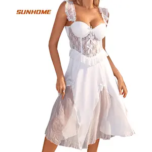 Sunhome femmes leurre dentelle solide profond V tentation transparent sexy grande taille anneau en acier soutien-gorge coussinets chemise de nuit femmes chemise de nuit