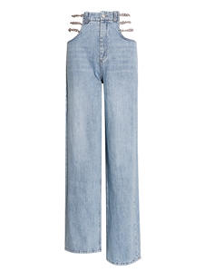 A3946 <span class=keywords><strong>pantaloni</strong></span> eleganti in Denim da donna Color azzurro e chiaro <span class=keywords><strong>pantaloni</strong></span> a vita alta con Design a catena - Product Image 3