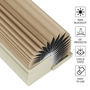 Beige Top Down Cellular Honeycomb <b>Blinds</b> with Easy Pull Handle 100% Blackout Pleated <b>Window</b> <b>Shades</b> for Contemporary Interiors - Product Image 3