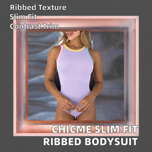 <span class=keywords><strong>CHICME</strong></span> Damen Einfarbiger Kontrast-Bodysuit mit Rundhalsausschnitt, Knitterfreier Rippstrick, Schlanke Passform, Ärmellos - Product Image 2