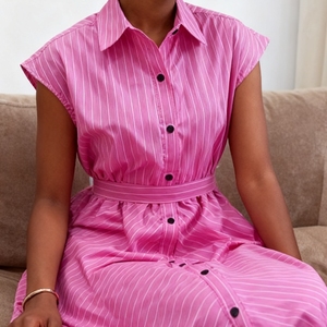 Summer Women's Striped Shirt Collar Short Sleeve Waist-cinched Button-<b>down</b> Dresses Fashion - Product Image 1