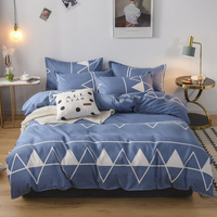 Parure de lit moderne 4 pièces en polyester pur à carreaux, housse de couette rayée bleue, drap-housse, taille King/Queen