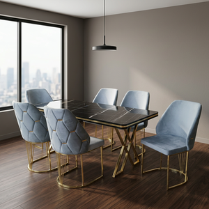 Ensemble de salle à manger moderne convertible 6 pièces, chaises en velours, table noire, cadre doré, mobilier contemporain adapté aux appartements - Product Image 1