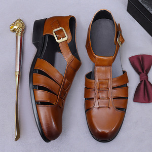 Summer Baotou flip-flops, retro <b>matte</b> leather, genuine leather flip-flops with buckle, men's slip-on shoes - Product Image 6