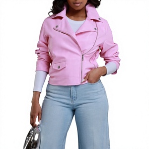<b>Pink</b> PU Moto <b>Jacket</b> Women's Slim Fit Zipper Closure Turn-Down Collar Regular Sleeve Autumn Solid Color Motorcycle Coat - Product Image 1