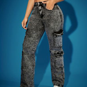 Jean noir délavé pour femme - Pantalon en denim à jambes larges multi-poches tendance - Product Image 3