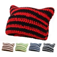 Bonnet tricoté rayé avec oreilles de chat démoniaque pour femme, chaud et épais pour l'hiver, style Y2K mignon, personnalisé pour le streetwear quotidien