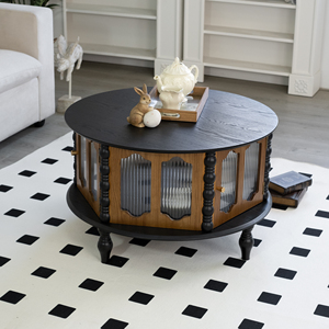 31.5-inch Round Three-Door Storage Coffee Table Modern Wooden Living Room Dining Furniture - Product Image 4