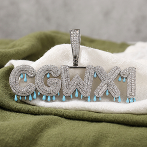 Colgante con nombre Drip, esmalte azul, estilo Hip Hop, con incrustaciones de diamantes, cadenas cubanas llamativas, plata 925, diamante cultivado en laboratorio, conjuntos de joyería unisex - Product Image 1
