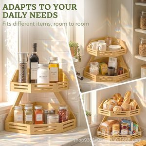 Panier de rangement d'angle en bambou avec poignée pour fruits et légumes, organisateur de comptoir de cuisine, design à deux niveaux - Product Image 2