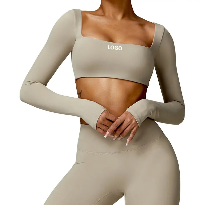 CCX8518 kadın uzun kollu mahsul Tops kare boyun egzersiz mahsul T-shirt yastıklı üst egzersiz atletik Yoga kıyafeti