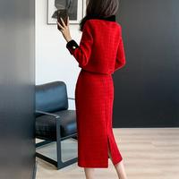 Polyester décontracté automne solide bouton poches col rabattu kaki femmes deux pièces Tweed Midi jupe costume vestes Blazer ensemble
