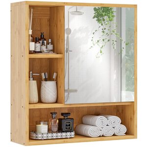 Étagère murale de salle de bain en bambou SENYU avec miroir, armoire de rangement à 3 niveaux pour toilettes et salle de douche, étagères d'organisation - Product Image 1